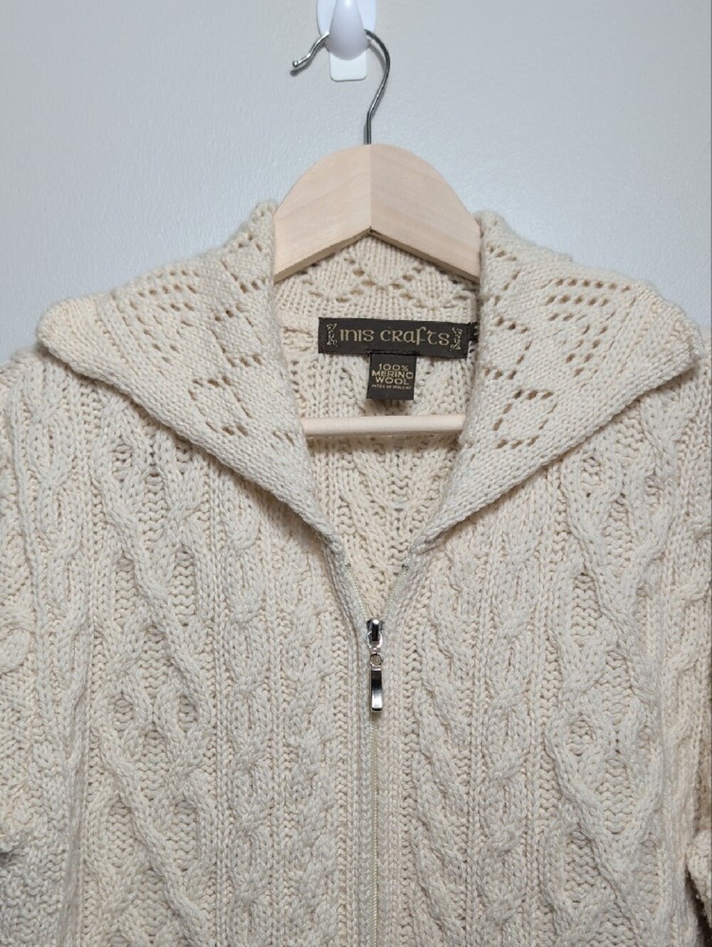 Inis Crafts 100% Merino Wool Cable Knit Long Full Zip Cardigan Sweater Medium - Picture 3 of 14